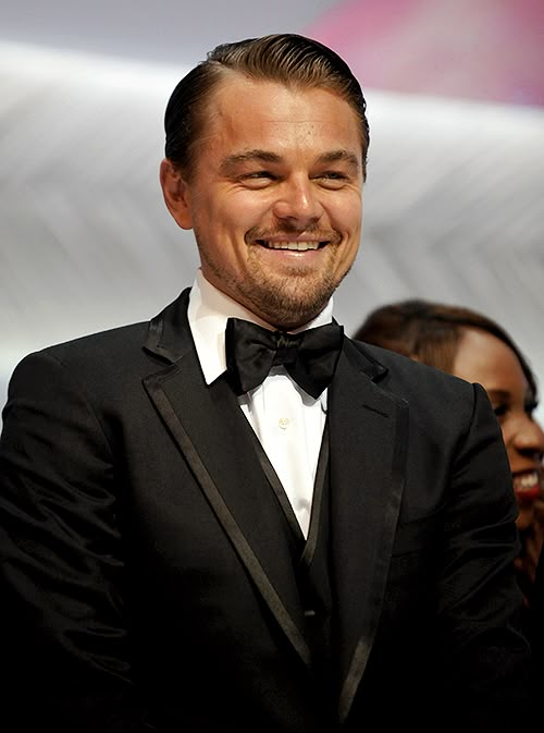 Close-up portrait of actor Leonardo DiCaprio smiling at a red carpet event.