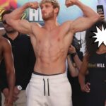 A professional portrait of media personality and wrestler Logan Paul, showcasing his athletic build and blonde hair, looking determined.
