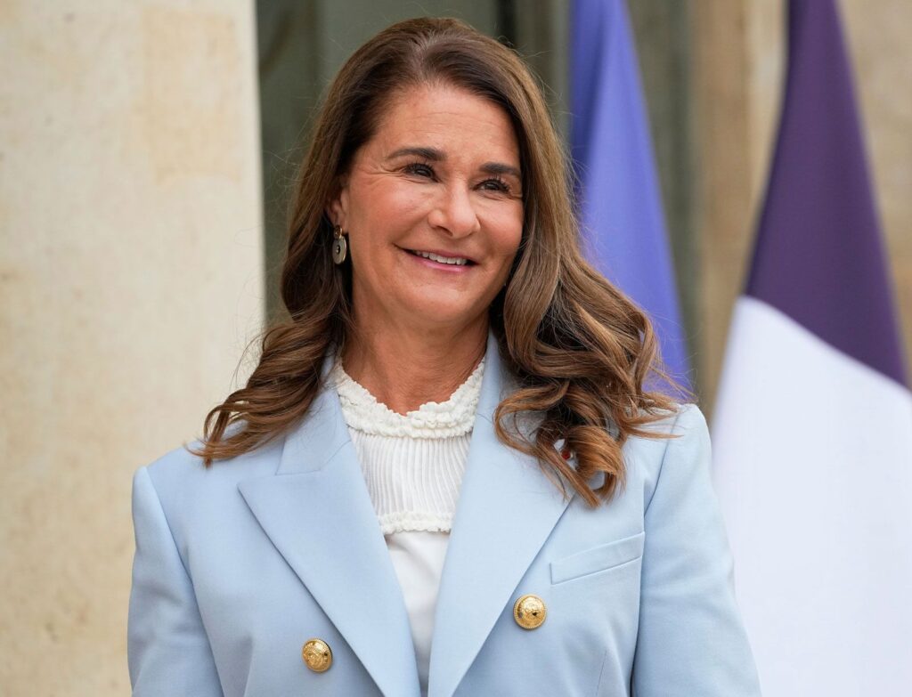 professional studio portrait of philanthropist Melinda French Gates smiling.