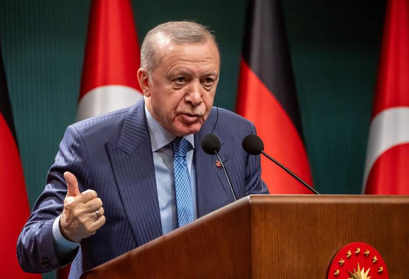 Recep Tayyip Erdoğan, President of Turkey, speaking at a press conference.