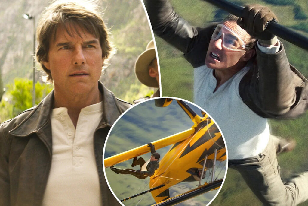Actor Tom Cruise performing a stunt on the set of an action movie.
