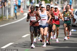 Kenyan long-distance runner Eliud Kipchoge running during a marathon.