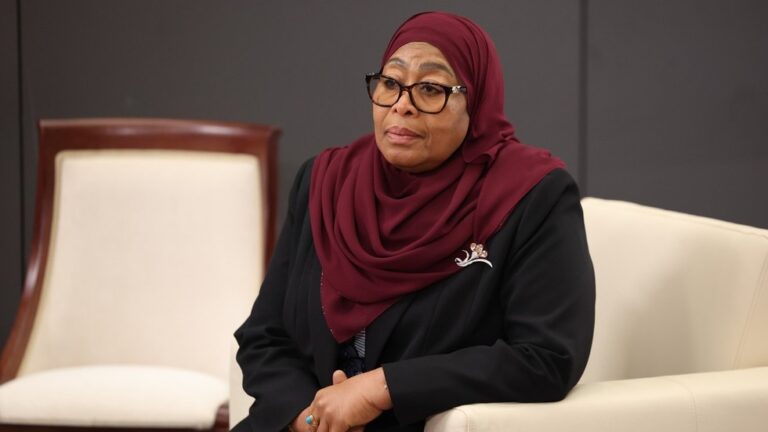Official portrait of Samia Suluhu Hassan, President of Tanzania, wearing a traditional headscarf and blazer.